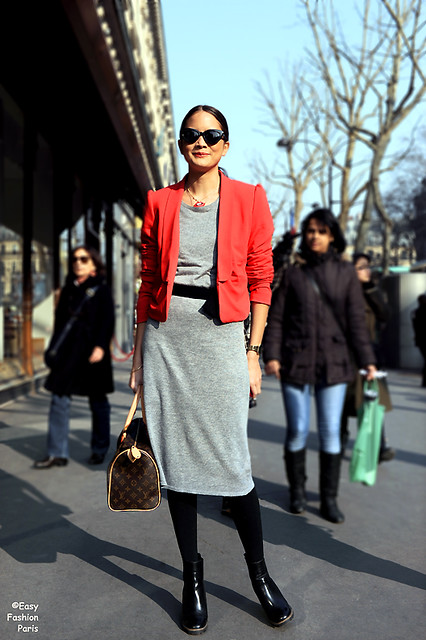 Grey sheath dress w Red Blazer