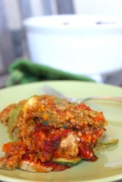 Layered Cous Cous Eggplant and Zucchini Casserole on green plate