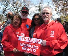 At a May Day memorial, CWA members in Chicago turned out for the 125th anniversary of the Haymarket tragedy. Pictured from left are Local 4250 President Liz VanDerWoude, Local RMC President Steve Tisza, Local 4216 President Debra Greenlee and District 4 Staff Representative Ron Honse.
