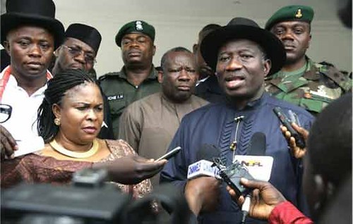 Federal Republic of Nigeria Interim President Goodluck Jonathan addresses the media in the aftermath of the announcement that the national elections would be delayed by two days. Technical and logistical problems were cited. by Pan-African News Wire File Photos