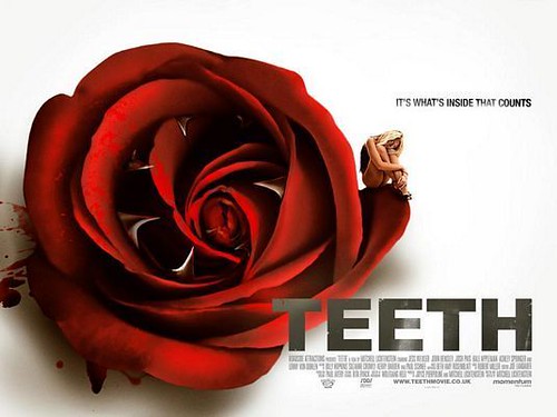 teeth movie poster. A rose is a common romatic image, but the addition of teeth in the picture
