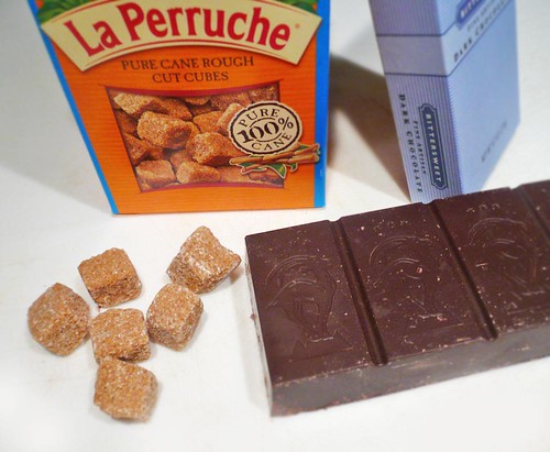 Rough-cut sugar cubes and bittersweet chocolate