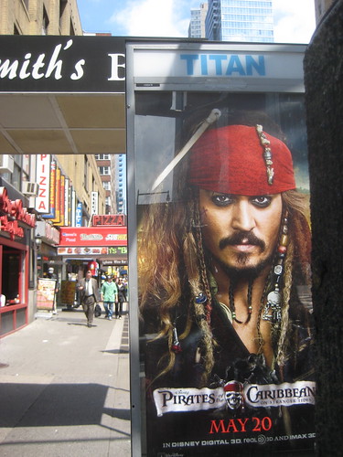 johnny depp pirates 4. Johnny Depp Phone Booth Poster for Pirates of the Caribbean 4 skulls AD standee posters starring on 8th Avenue and 44th Street in Times Square 2011 film