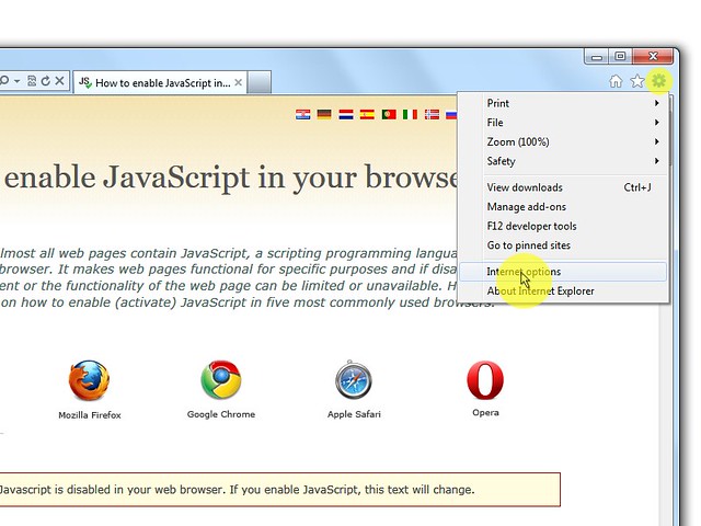 On web browser menu click "Tools" icon and select "Internet Options".