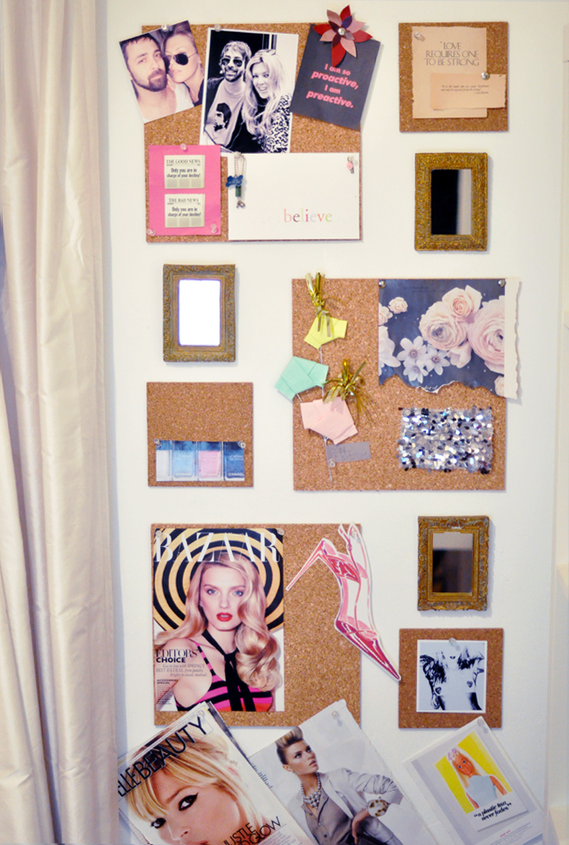 cork tile wall and  gold  framed  mirrors inspiration board wall