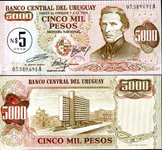 5 Nuevo Peso pretlač na 5000 Uruguay 1975, Pick 57