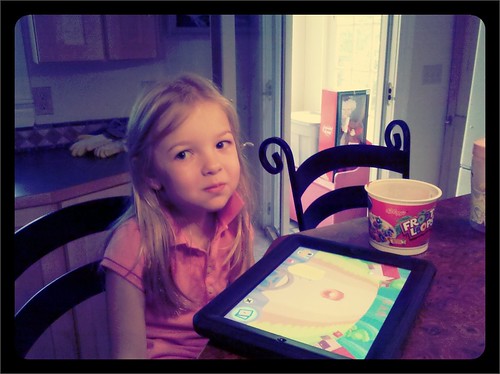 Making memories, Fruit Loops at the Kitchen Island w Dad and Dad's iPad