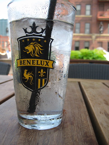 Water at Cafe Benelux, Benelux logo