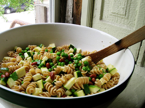 pasta salad with zucchini, red beans, and peas