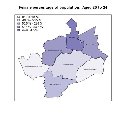 Female percentage of population:  Aged 20 to 24