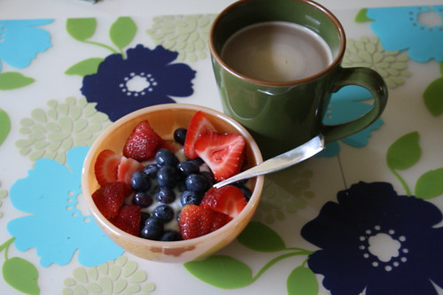 Stonyfield yogurt with berries, coffee