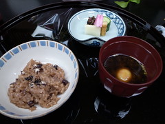 Japanese tea-ceremony dishes, rice and miso soup