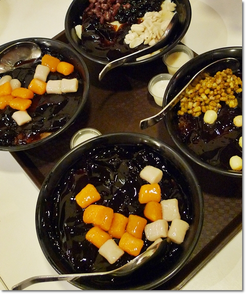 Bowls of Smooth Grass Jelly with Condiments