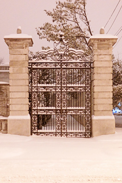Ornate gate, in Saint Louis, Missouri, USA - view at night with snow