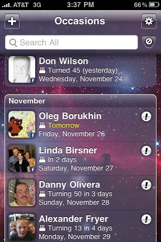 Past and upcoming birthdays in Occasions for iOS