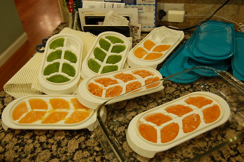 Orange and green flavored baby food