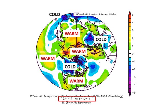 925 hPa temperature anomaly 1 February through 10 May 2011