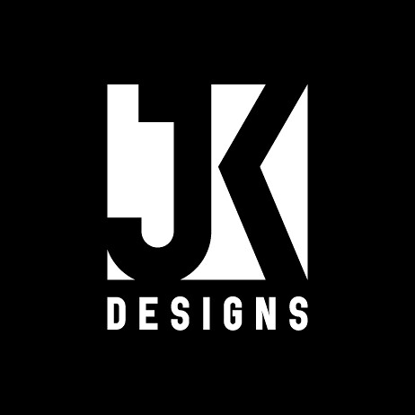 facebook logo black white. The JK Designs logo in lack