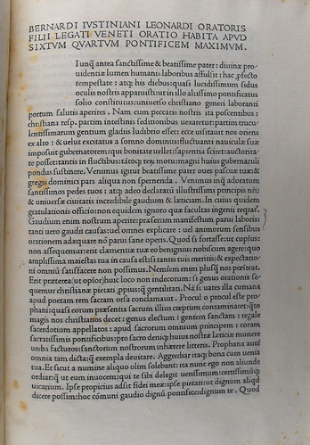 Beginning of Justinianus, Bernardus: Oratio habita apud Sixtum IV contra Turcos