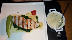 Grilled Swordfish Chili and Garlic Sautéed Spinach, Intense green puré, Vegetable risotto