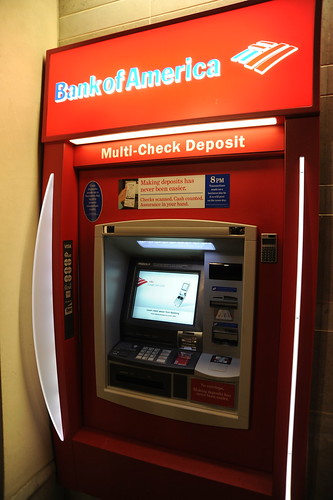 Bank of America cash machine, multi-check deposit, sign-in screen, keypad, make deposits has never been easier, University Village, Seattle, Washington, USA by Wonderlane