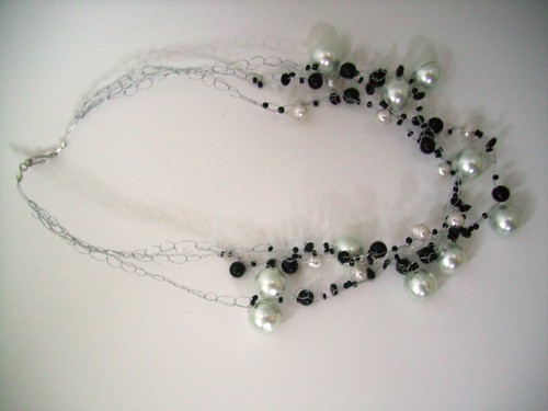 Crochet "Black & White" Necklace w/Silver Wire & Clasp