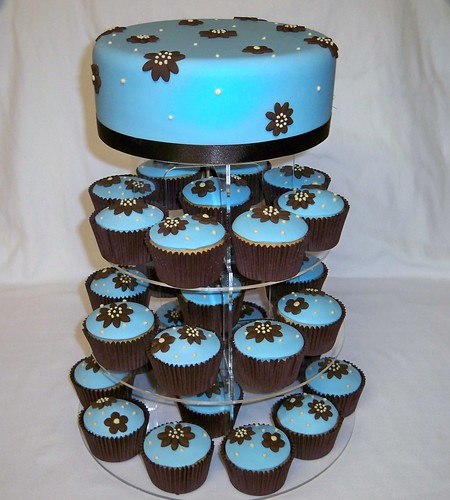 Aqua Blue and Chocolate Brown Wedding Theme Cake and Cupcakes