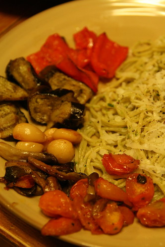 Roasted Vegetables and Pesto Spaghetti