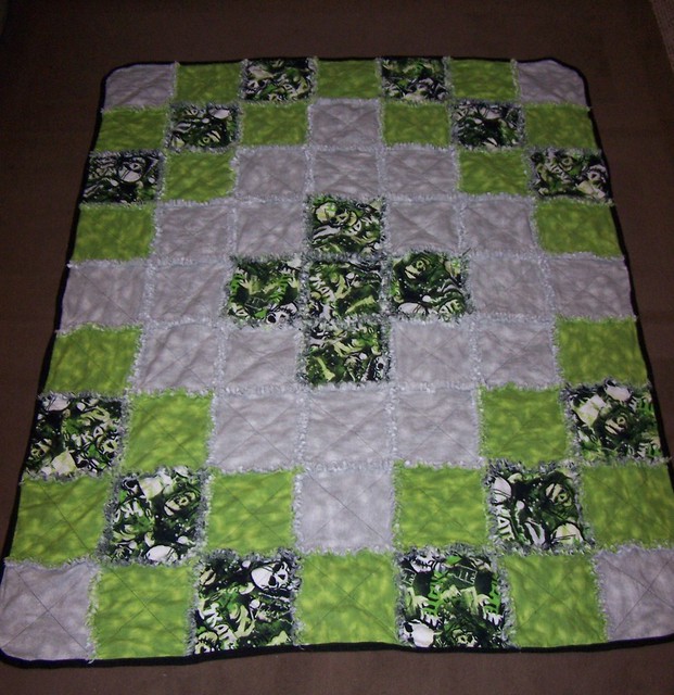 This is the completed flannel rag quilt I made for my son. The print fabric was the inspirationwith skulls, skateboarders and colors like gray,