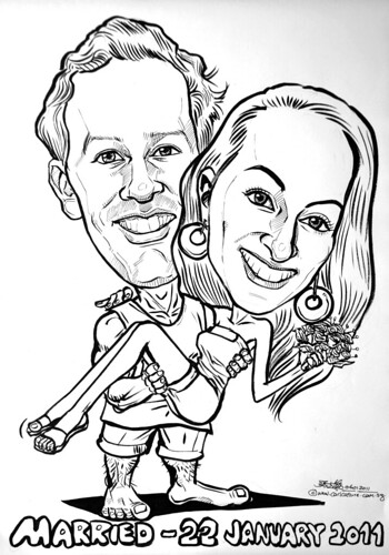 wedding couple caricatures in pen and brush