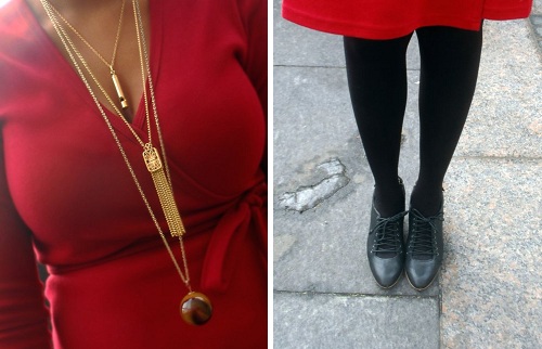 wrap dress, black opaque tights, DKNY shoes, whistle necklace, tassle necklace, ebay vintage necklace