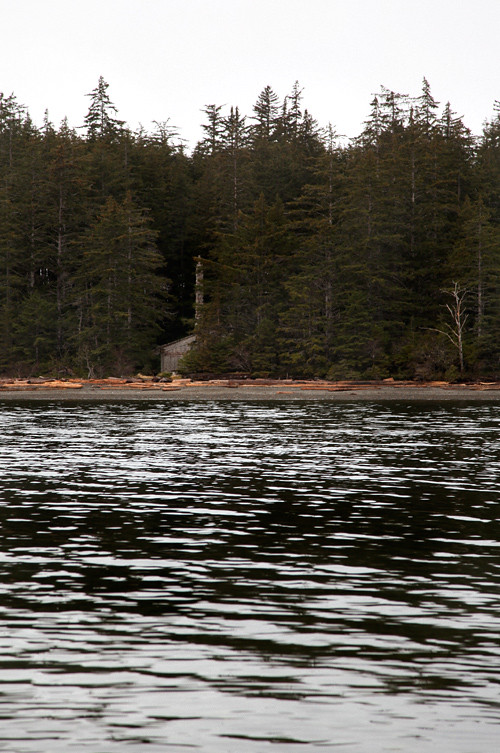 Chief Son-i-Hat Whale House seen from the water at high tide, Kasaan, Alaska