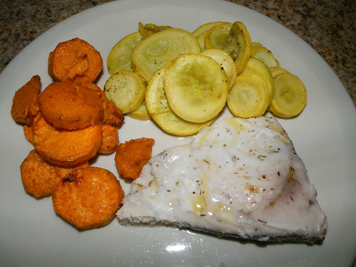 Swordfish with sweet potatoes and squash