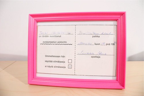 Framed sewing machine "driving license"