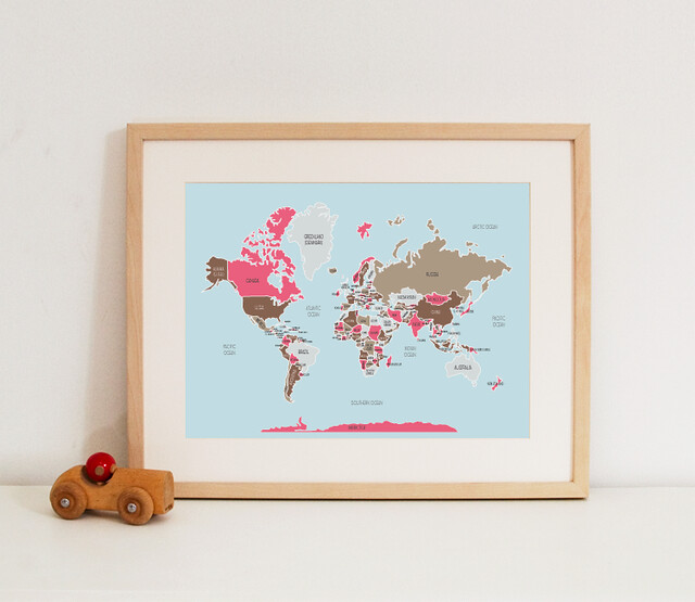 World Map - pinks & browns