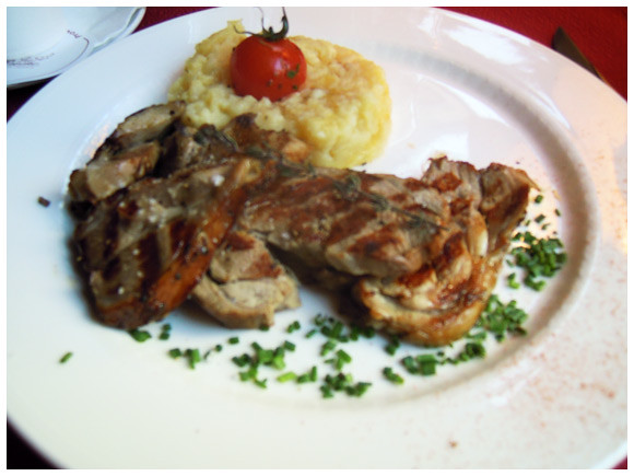 Grilled lamb and mashed potatoes at La Broche, located in Plainpalais, Geneva