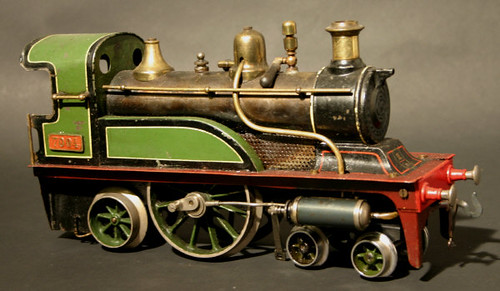 A Gustav Bing 1½" gauge brass and tin plate locomotive 4-2-2, No. 7094 in green and black livery with brass cylinder and valve, which sold for £2,100