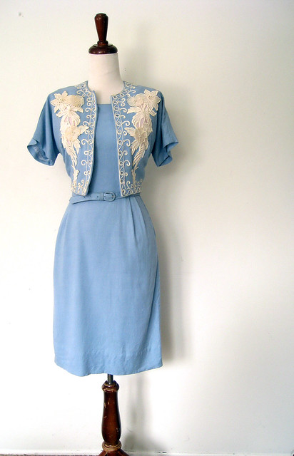 Cornflower Blue & Lace Dress & Bolero Suit, vintage 50's