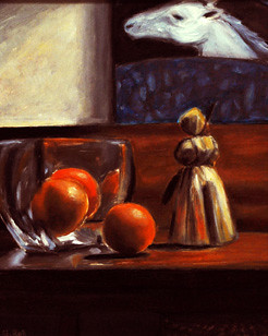 Still life with oranges on desk by Gayle Bell