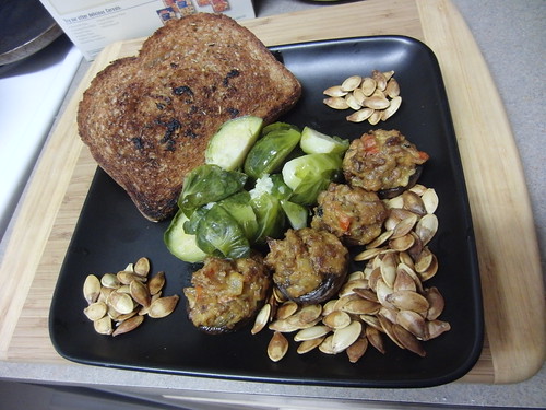 Brussels Sprouts, Stuffed Mushrooms, Garlic Toast, and Pumpkin Seeds