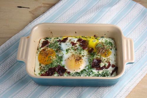 Herbed Baked Eggs with Kale and Bacon