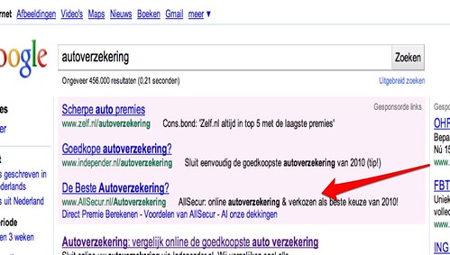 Google AdWords advertentie tekst achter de zichtbare URL