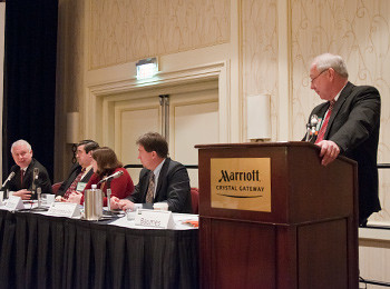 Dr Harry Baumes (at podium) from USDA, leads a panel discussion on renewable energy issues at the 2011 Ag Outlook Forum (Photo by Bob Nichols, USDA)