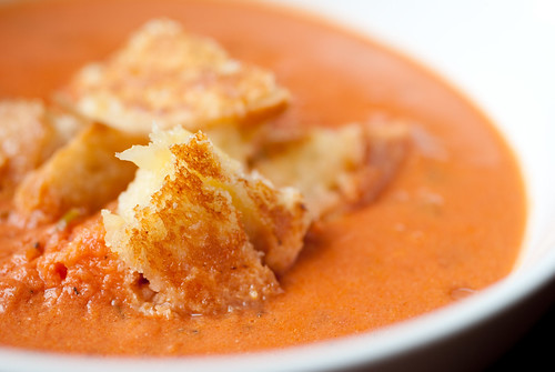 Closeup: Sherried Tomato Soup with grilled cheese "croutons"