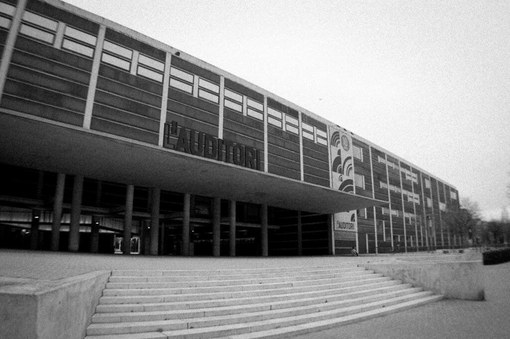Concert hall in Barcelona. Grainy photo in black and white. It was built in the late nineties and designed by the architect Rafael Moreno