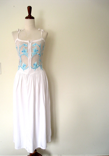 Mesh Lace Shoulder Ties Bleubird Dress, vintage 70's
