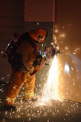 LAFD Makes Forcible Entry with Circular Saw. © Photo by Ryan Babroff