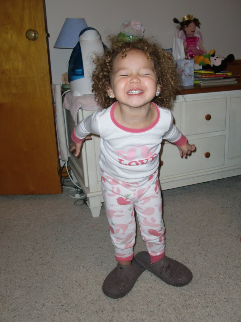 Wearing Mommy's Slippers (and cheesin!)