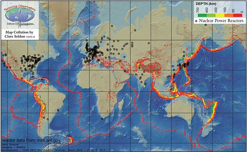 Mapa de localización mundial de instalaciones nucleares y áreas de riesgo sísmico