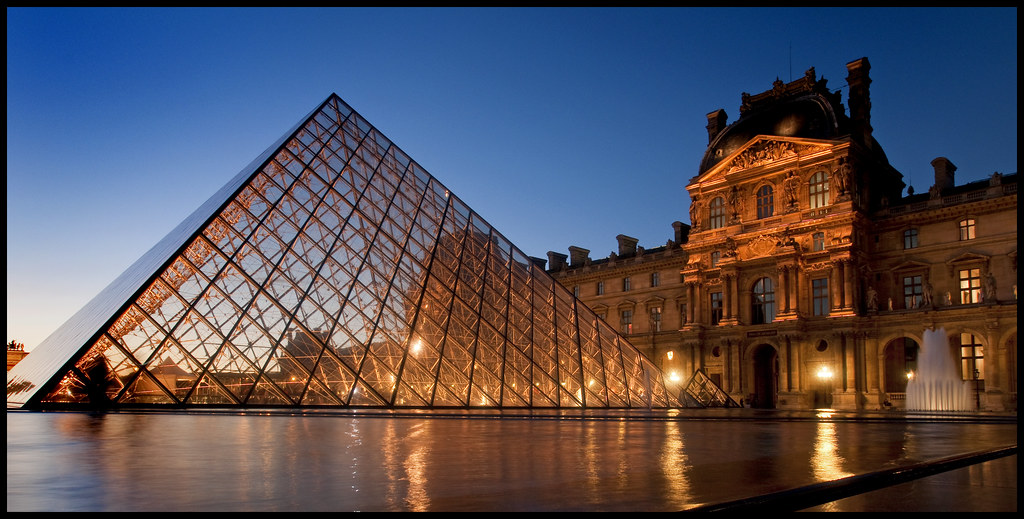 France - Paris - Louvre Pyramid at Dusk 05 panoramic